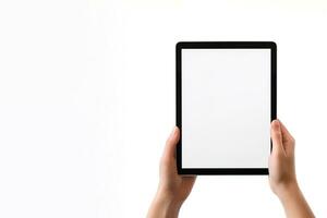 Hand holding tablet with mockup blank screen isolated on white background with copy space. ai generated photo