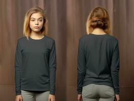 Woman wearing a grey T-shirt with long sleeves. Front and back view. ai generated photo