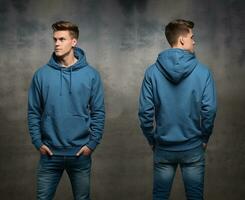 Front and back view of a blue hoodie mockup for design print. ai generated photo