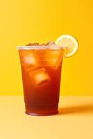 Iced lemon tea on plastic takeaway glass. ai generated photo