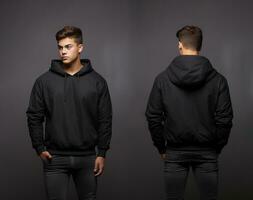 Front and back view of a black hoodie mockup for design print. ai generated photo