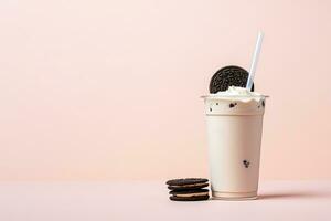 Cookies and cream milkshake in a takeaway cup with copy space. ai generated photo