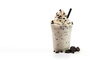 Cookies and cream milkshake in a takeaway cup isolated on white background with copy space. ai generated photo
