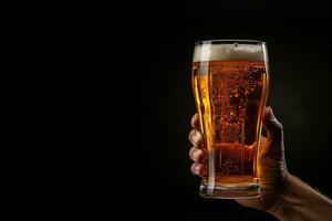 a male hand holding up a glass of beer isolated on a black background with copy space. ai generated photo