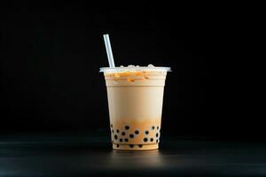 milk tea white bubble on plastic cup, isolated on dark background, side view. ai generated photo