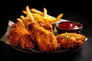 Fast food fried crispy chicken and french fries potatoes with ketchup sauce isolated on dark background. photo
