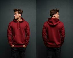 Front and back view of a red hoodie mockup for design print. ai generated photo