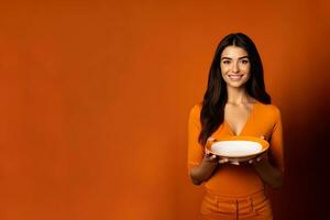 joven hermosa elegante mujer participación un vacío plato o plato aislado en naranja antecedentes con Copiar espacio. ai generado foto