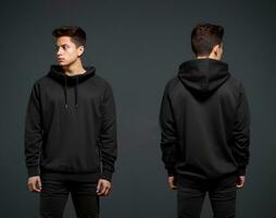 Front and back view of a black hoodie mockup for design print. ai generated photo