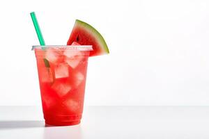 watermelon smoothie in take away cup with watermelon sliced isolated on white background with copy space. ai generated photo