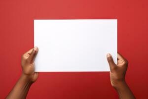 A human hand holding a blank sheet of white paper or card isolated on red background. ai generated photo