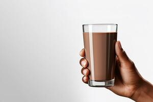 Hand holding a glass of delicious chocolate milk isolated on white background with copy space. ai generated photo