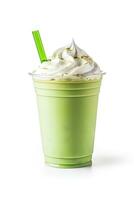 Green tea frappucino with whipped cream in a takeaway cup isolated on white background. ai generated photo