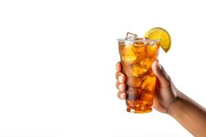 A hand holding takeaway plastic cup of delicious iced lemon tea isolated on white background with copy space. ai generated photo