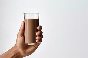 Hand holding a glass of delicious chocolate milk isolated on white background with copy space. ai generated photo