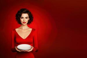 Young beautiful stylish woman holding an empty plate or dish isolated on red background with copy space. ai generated photo