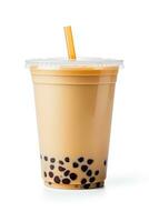 iced milk tea and bubble boba in the plastic glass on the white background. ai generated photo