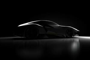 Side view dark silhouette of a modern sport black car isolated on black background. ai generated photo