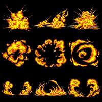 Bundle of 6 vector asset of fire explosions and splashes of smoke in orange and yellow colors