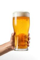 a male hand holding up a glass of beer isolated on a white background. ai generated photo