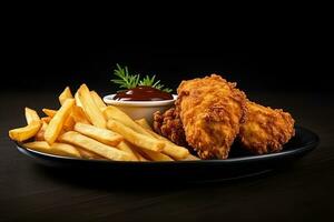 Fast food fried crispy chicken and french fries potatoes with ketchup sauce isolated on dark background. ai generated photo