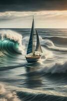 ocean liner sailing on big waves made with generative Ai technology photo