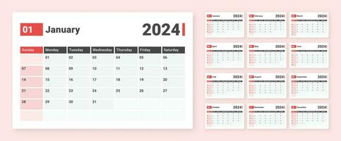 Monthly calendar template design for 2024 year. Week Starts on Sunday. Wall calendar in a minimalist and creative style. vector