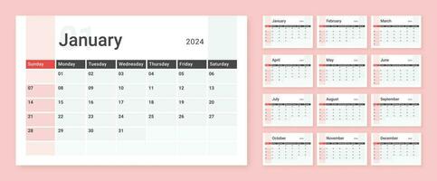 mensual calendario modelo diseño para 2024 año. semana empieza en domingo. pared calendario en un minimalista y creativo estilo. vector