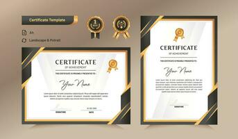 Black and gold certificate of achievement template set with black badge and border. For award, business, and education needs. Vector Illustration