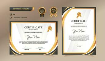 Black and gold certificate of achievement template set with black badge and border. For award, business, and education needs. Vector Illustration