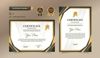 Black and gold certificate of achievement template set with black badge and border. For award, business, and education needs. Vector Illustration