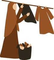 Muslim Woman Drying Clothes. Women Work in home vector