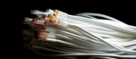 Close up of a cable white feather on black background ai generated photo