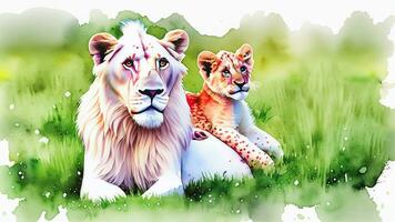 Watercolor Splatter Portrait Painting of Lion Father with Lion Cub. AI Generative photo