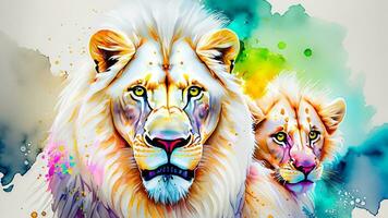 Watercolor Splatter Portrait Painting of Lion Father with Lion Cub. AI Generative photo