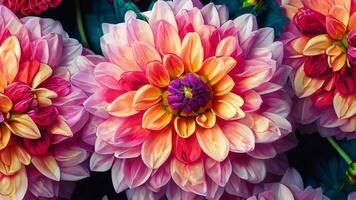 Abstract floral flower dahlia texture background - Closeup of colorful blooming dahlias, top view. Ai Generative. photo