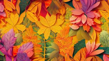 Illustration autumnal autumn - Many floral leaves with gradient, top view, seamless pattern. Ai Generative. photo