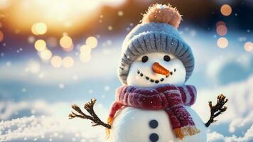 invierno fiesta Navidad antecedentes bandera - de cerca de linda gracioso riendo monigote de nieve con lana sombrero y bufanda, en Nevado nieve. ai generativo foto
