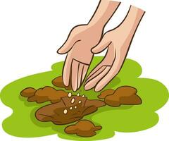 Human hand throwing plant seeds. The concept of gardening and sowing. Vector isolated cartoon illustration.