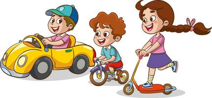 vector ilustración de linda niños montando bicicleta y scooter