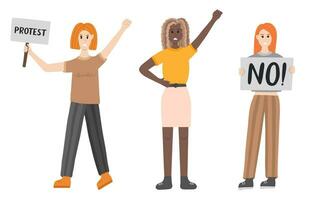 Group of women protest against gender violence. Angry girls in different poses - holding a banner, raising fist up. Civil resistance. Hand drawn vector cartoon illustration. Female community, equality