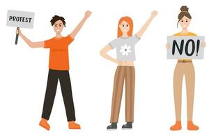 Group of women protest against gender violence. Angry girls in different poses - holding a banner, raising fist up. Civil resistance. Hand drawn vector cartoon illustration. Female community, equality