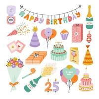 Cute hand drawn birthday set. Trendy holiday elements, party decoration, cupcakes, candles, gifts, balloons, party hat. Happy Birthday clipart collection for kid. Symbol of celebration, anniversary. vector