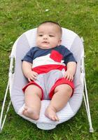 Close Up Shot of Cute Asian Pakistani 4 Months Old Baby Boy, Who is Enjoying at Home Garden at Luton City of England UK. Image Was Captured on July 23rd, 2023 photo