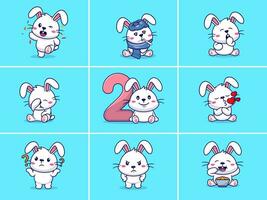 Set of cute rabbit characters with different emoticons vector