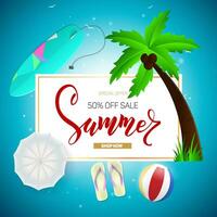 Summer sale banner and poster design with tropical beach background Vector. Realistic big and super sale summer vacation background design. vector