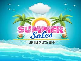 Summer sale banner and poster design with tropical beach background Vector. Realistic big and super sale summer vacation background design. vector