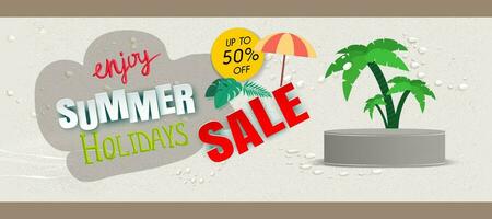 Realistic Summer sale banner and poster design with tropical leaves background Vector. big and super sale summer background design. vector