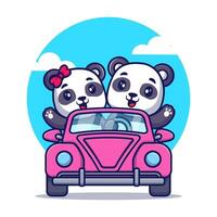 Cute panda couple riding car vector cartoon icon illustration