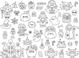 Vector black and white kawaii Halloween clipart set for kids. Cute line Samhain party coloring page. Scary collection with jack-o-lantern, haunted house, ghost, skull, bat, witch, vampire